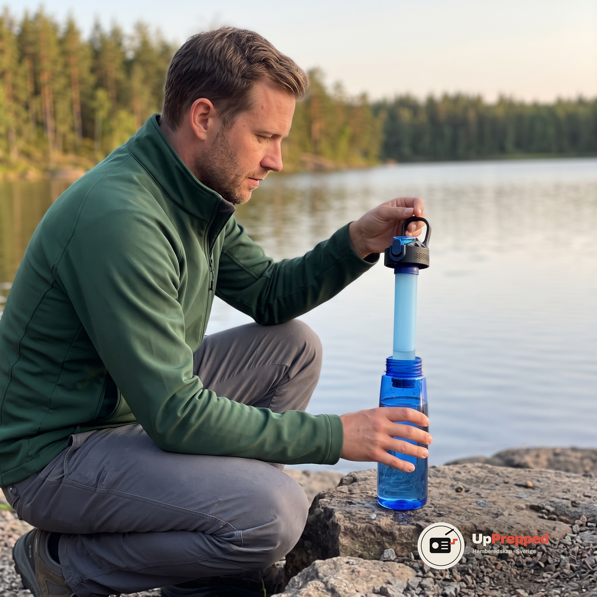 Man lyfter det svarta locket med filtret fastsatt ur den blå flaskan vid en sjö. Flaskan och locket ingår inte, bilden visar filtret i vår vattenflaska med inbyggt filter 650 ml