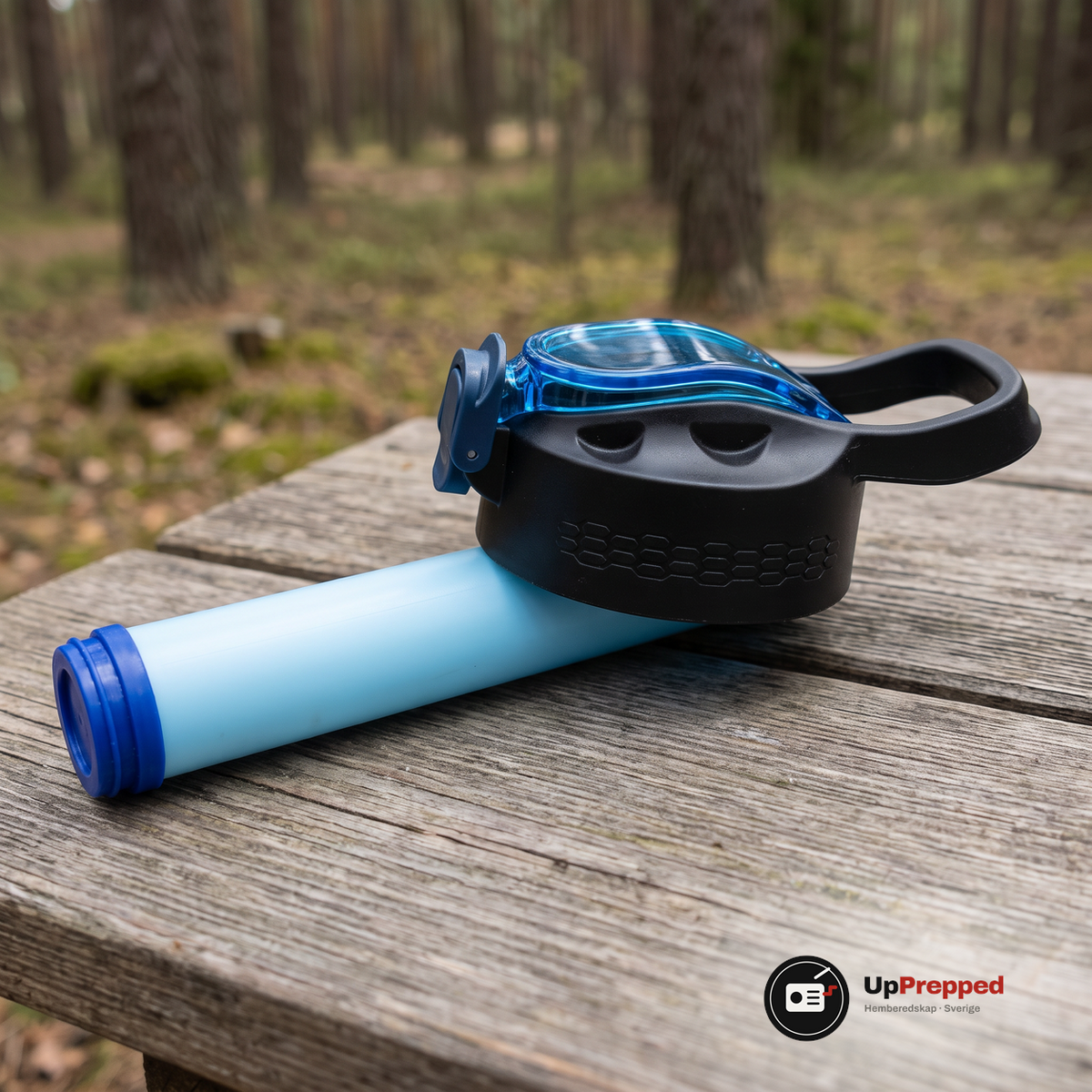 Reservfiltret fastsatt under flaskans svarta lock på ett träbord i skogen. Flaskan och locket ingår inte, bilden visar filtret i vår vattenflaska med inbyggt filter 650 ml