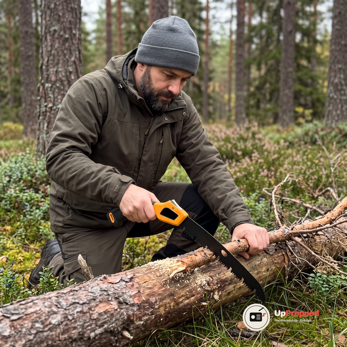 Man i olivgrön jacka sågar av en torr gren över en stock med den utfällda campingsågen i en svensk tallskog