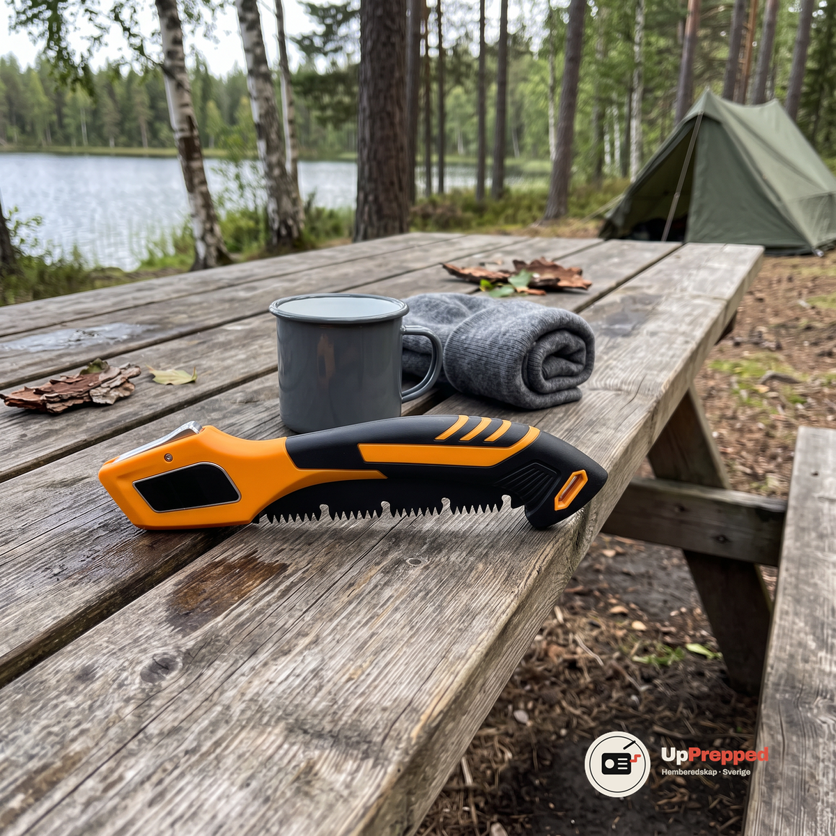 Hopfälld campingsåg på ett träbord vid en sjö bredvid en emaljmugg och en ihoprullad filt