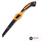 Hopfällbar campingsåg med svart blad och orange och svart handtag, utfälld, packshot