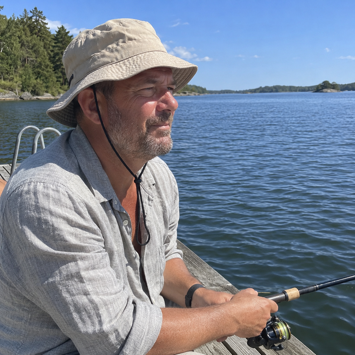 Man fiskar vid sjö med hopfällbar solhatt UPF50+