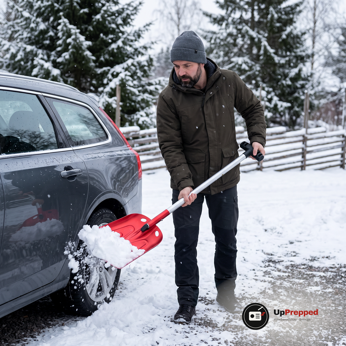 Man skottar snö vid hjulet på en parkerad bil med den utdragna teleskopspaden en grå vintermorgon