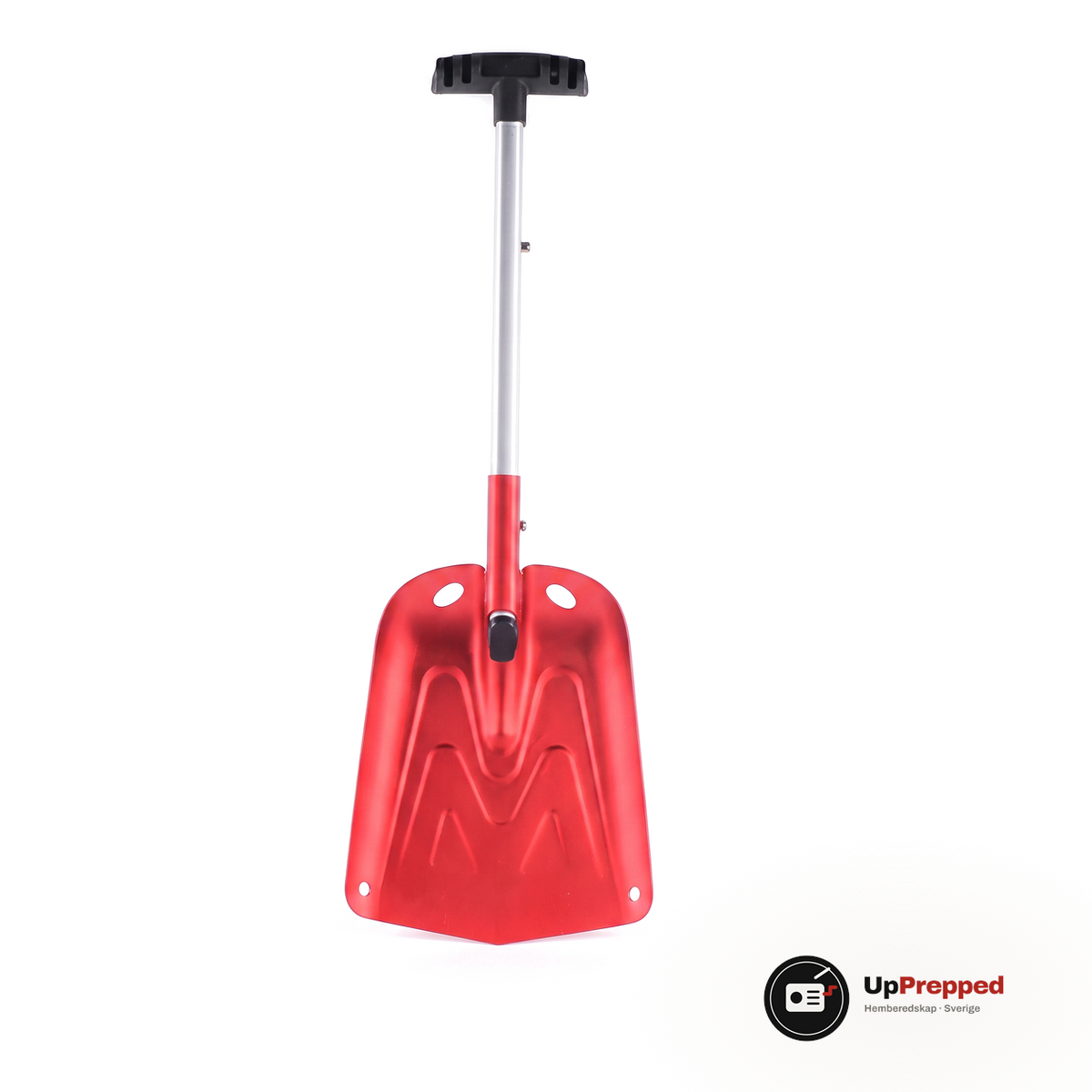 Teleskopspade i aluminium med rött blad, silverfärgat teleskopskaft och svart T-handtag, packshot