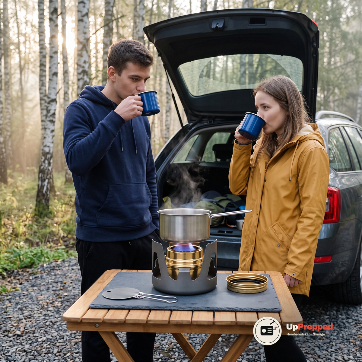 Ett par dricker kaffe vid en liten kastrull på spritbrännaren på ett bord vid en bil på en rastplats i skogen