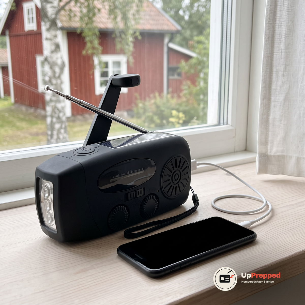 Nödradion på ett fönsterbräde i ett svenskt hem med en mobil som laddas via USB-kabel