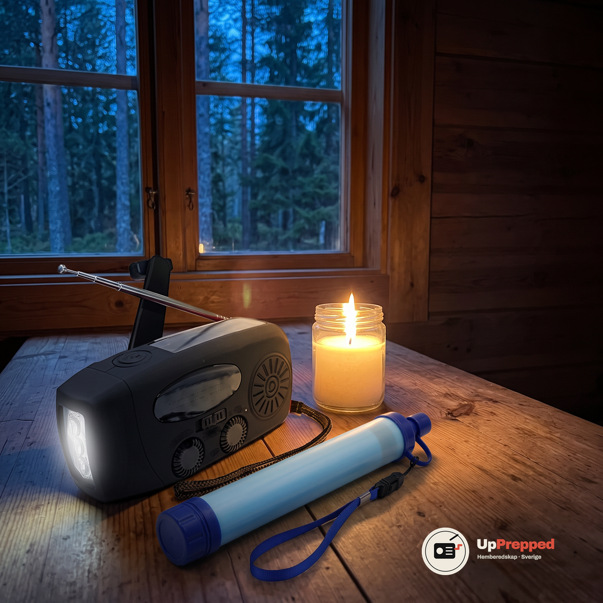 Nödradion med tänd ficklampa på ett stugbord vid ett stearinljus under ett strömavbrott, med vattenfiltret bredvid