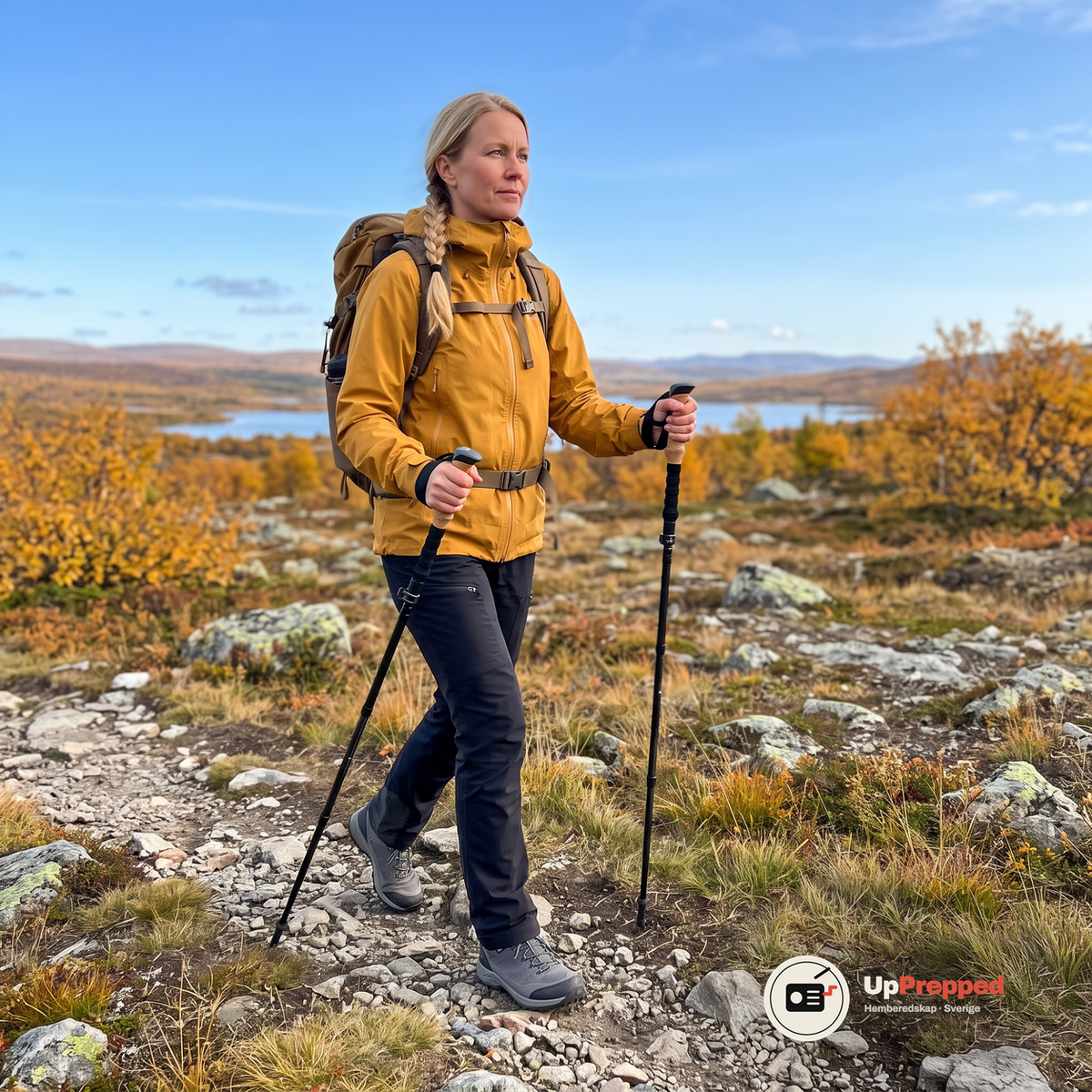 Kvinna i senapsgul skaljacka går på en stenig stig över kalfjället på hösten med en vandringsstav i varje hand