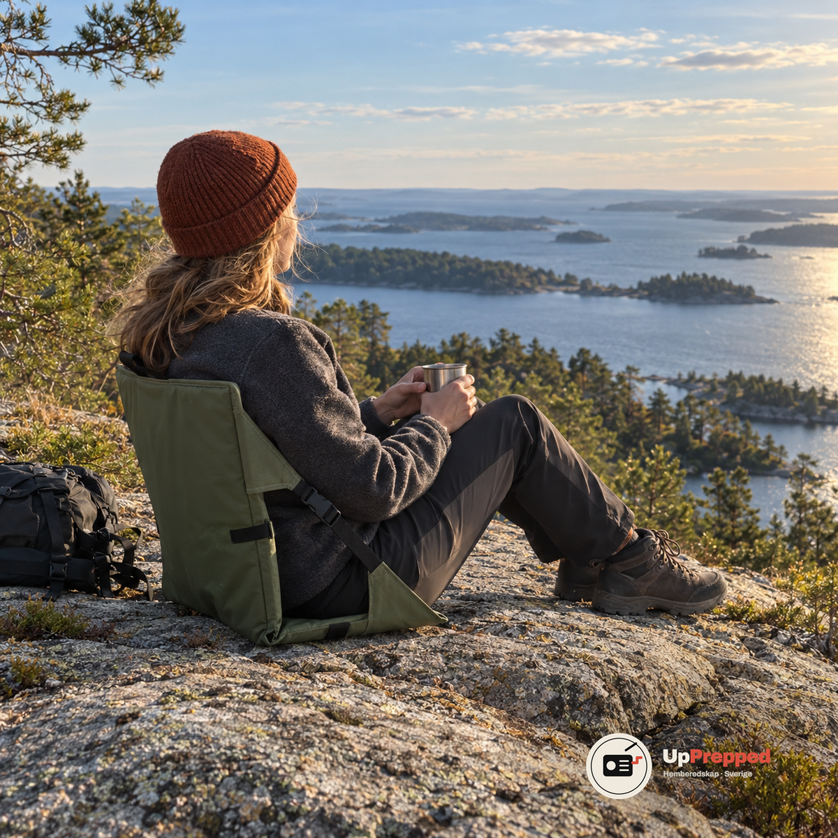 Kvinna sitter i den gröna sittstolen på en granitklippa över skärgården med en stålmugg i händerna