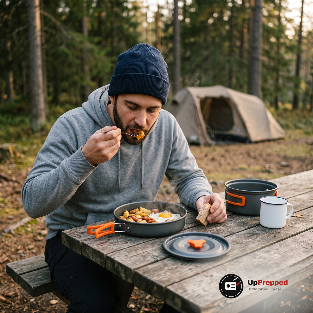 Man i mörkblå mössa äter stekt potatis, korv och ägg ur stekpannan vid ett picknickbord på en tältplats, med kastrullen, kastrullens lock och en vit emaljmugg bredvid
