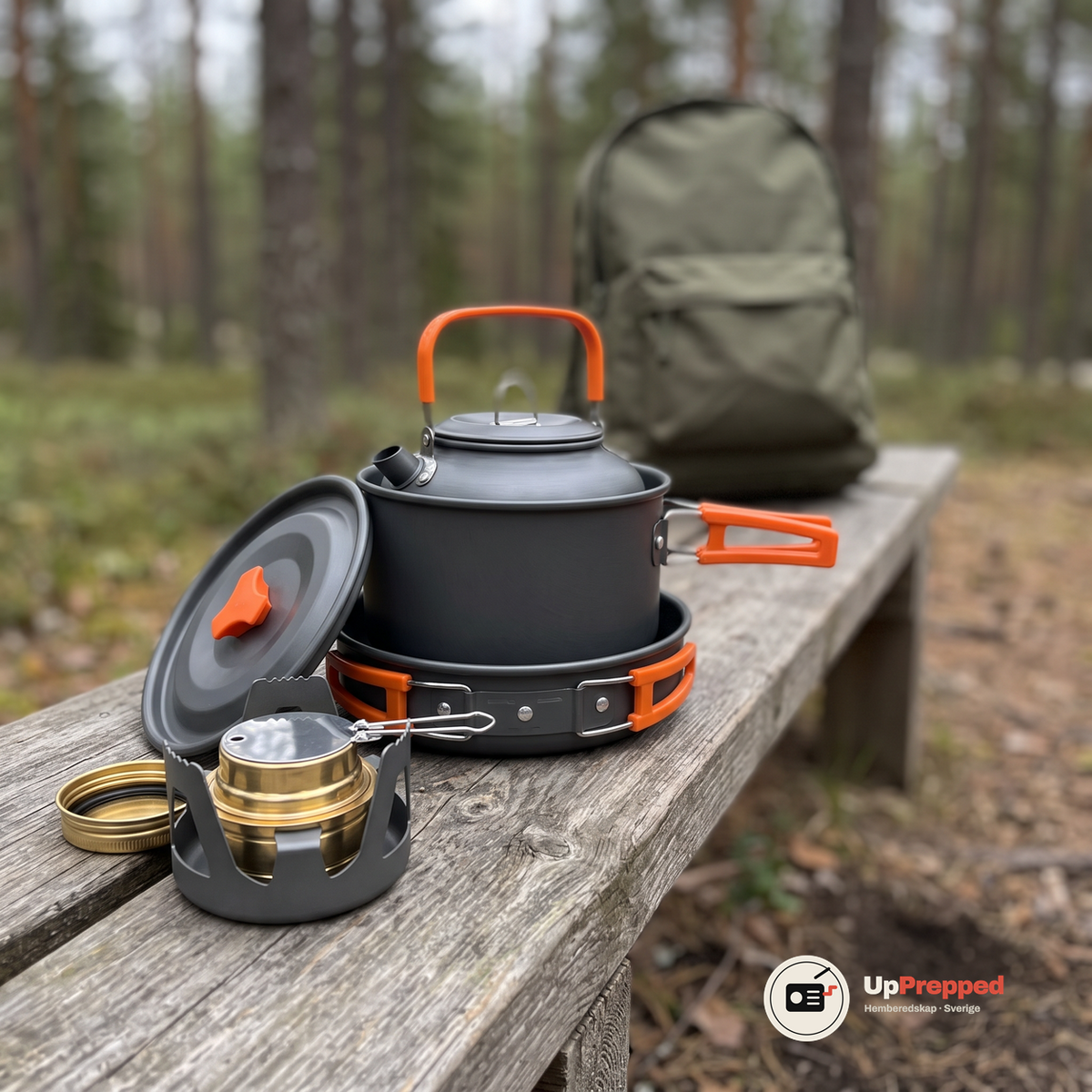 Stekpanna, kastrull och vattenkokare staplade i varandra på en träbänk i skogen, med kastrullens lock och spritköket bredvid