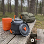 Stekpanna, kastrull och vattenkokare staplade i varandra på en träbänk i skogen, med kastrullens lock lutat mot stapeln och en orange box bredvid