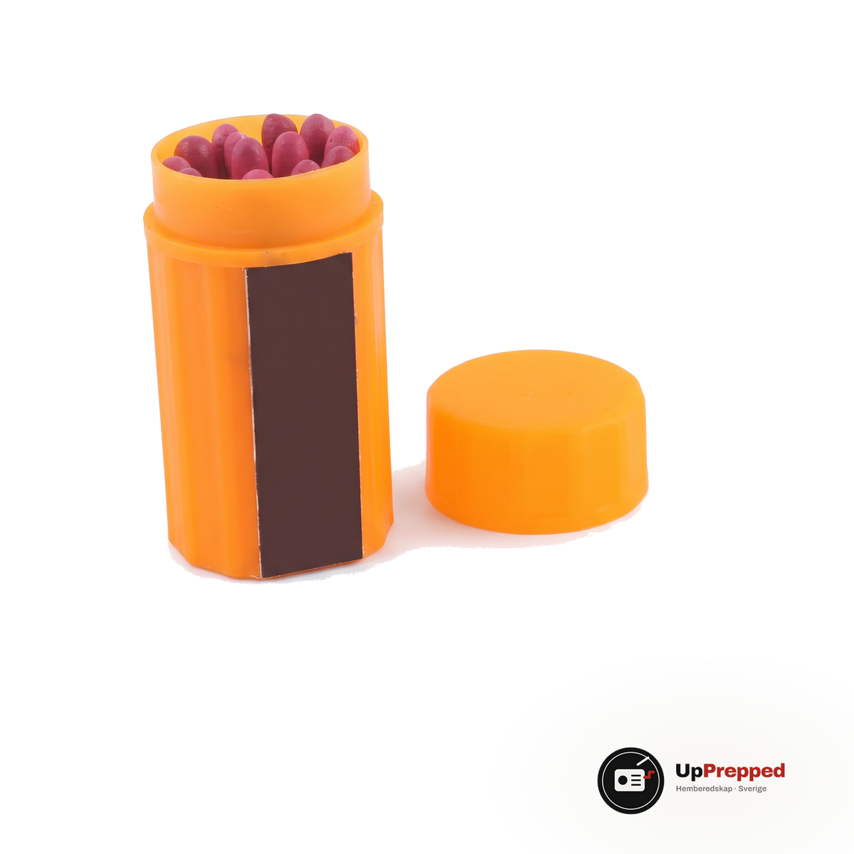 Orange räfflad förvaringsbehållare med mörkbrun tändyta, separat lock och tändstickor med rosa huvuden, packshot