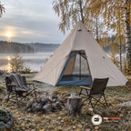 Sandbeige tältkåta uppställd vid en liten sjö en dimmig höstmorgon med eldstäd och två campingstolar framför