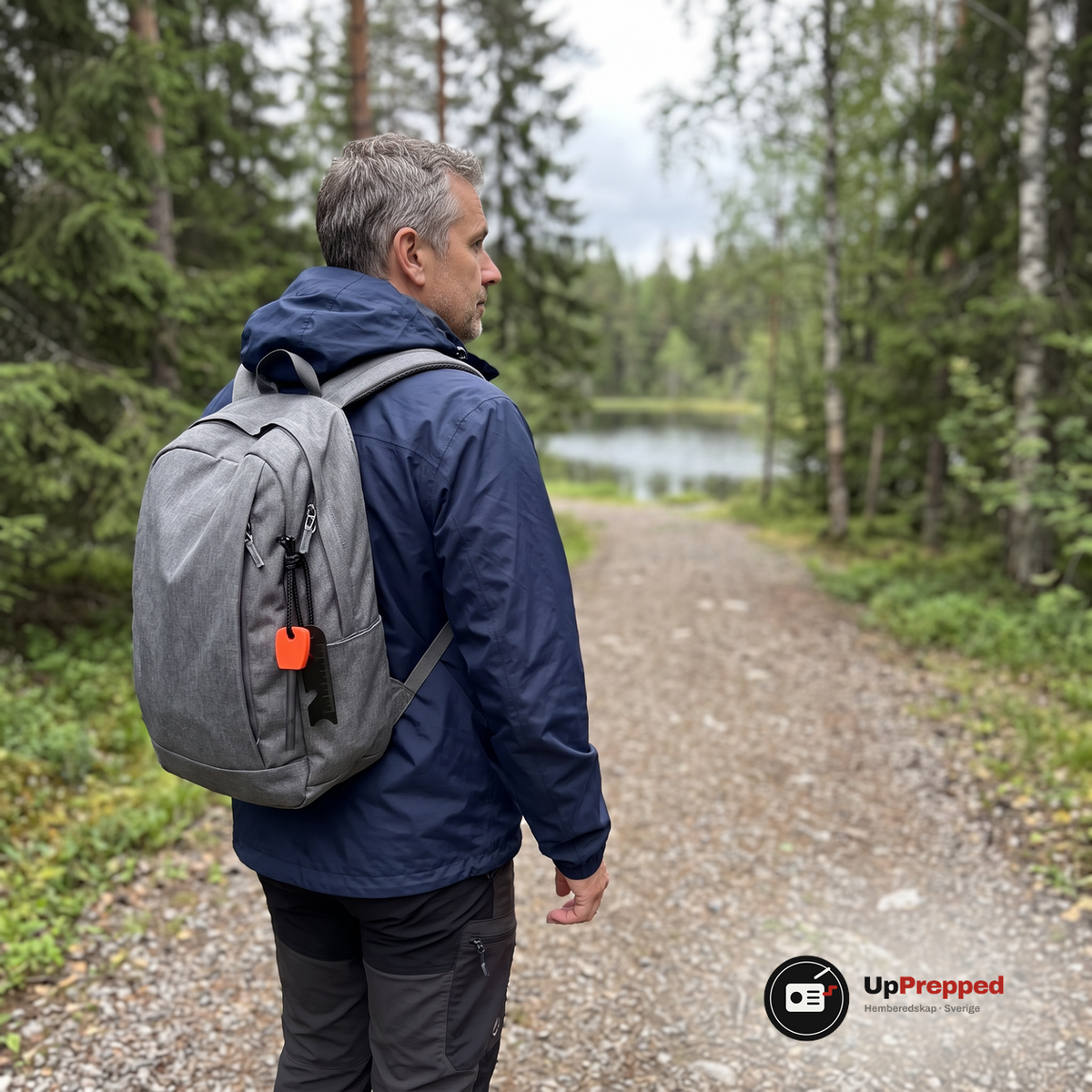 Vandrare med grå ryggsäck på en grusväg i skogen, tändstålets orangea handtag hänger i snodden från blixtlåset på axelremsfickan