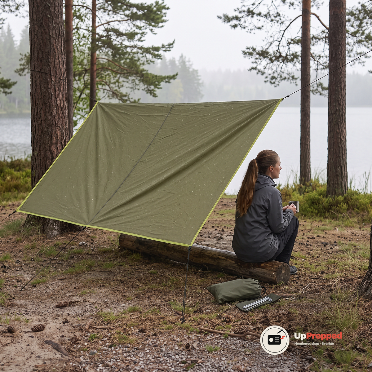 Kvinna med hästsvans i grå regnjacka sitter på en stock under en olivgrön tarp som är uppspänd mellan två tallar vid en sjö i dimma