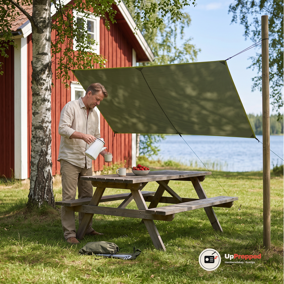 Olivgrön tarp uppspänd som solskydd över ett picknickbord framför en röd stuga vid en sjö, medan en man häller upp kaffe