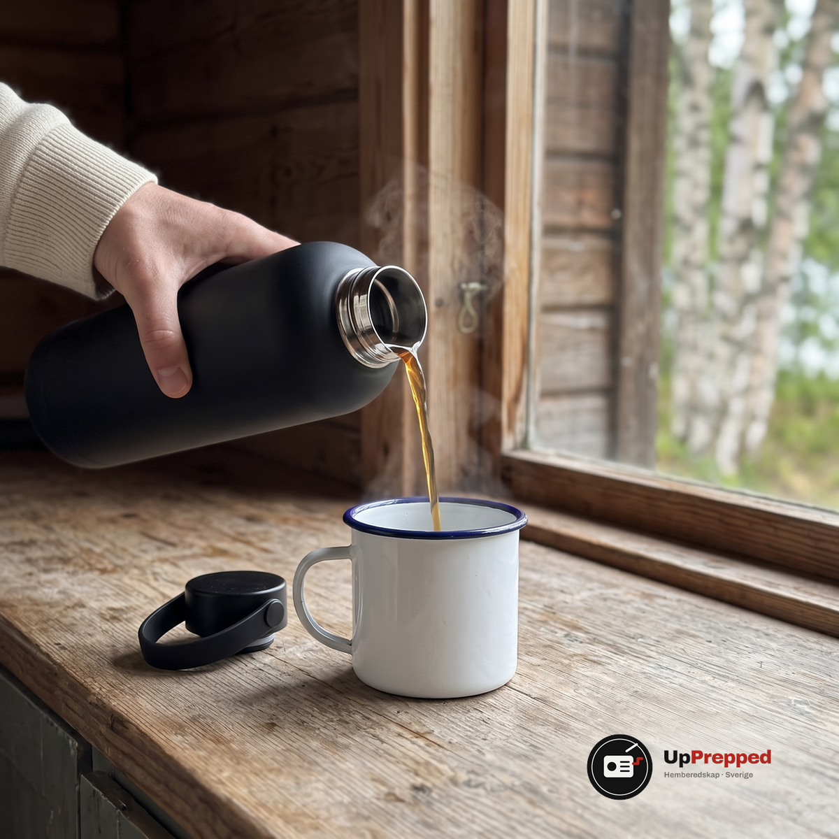 Hand som häller varmt kaffe från en svart termosflaska i en vit emaljmugg på en träbänk i en stuga, locket ligger bredvid