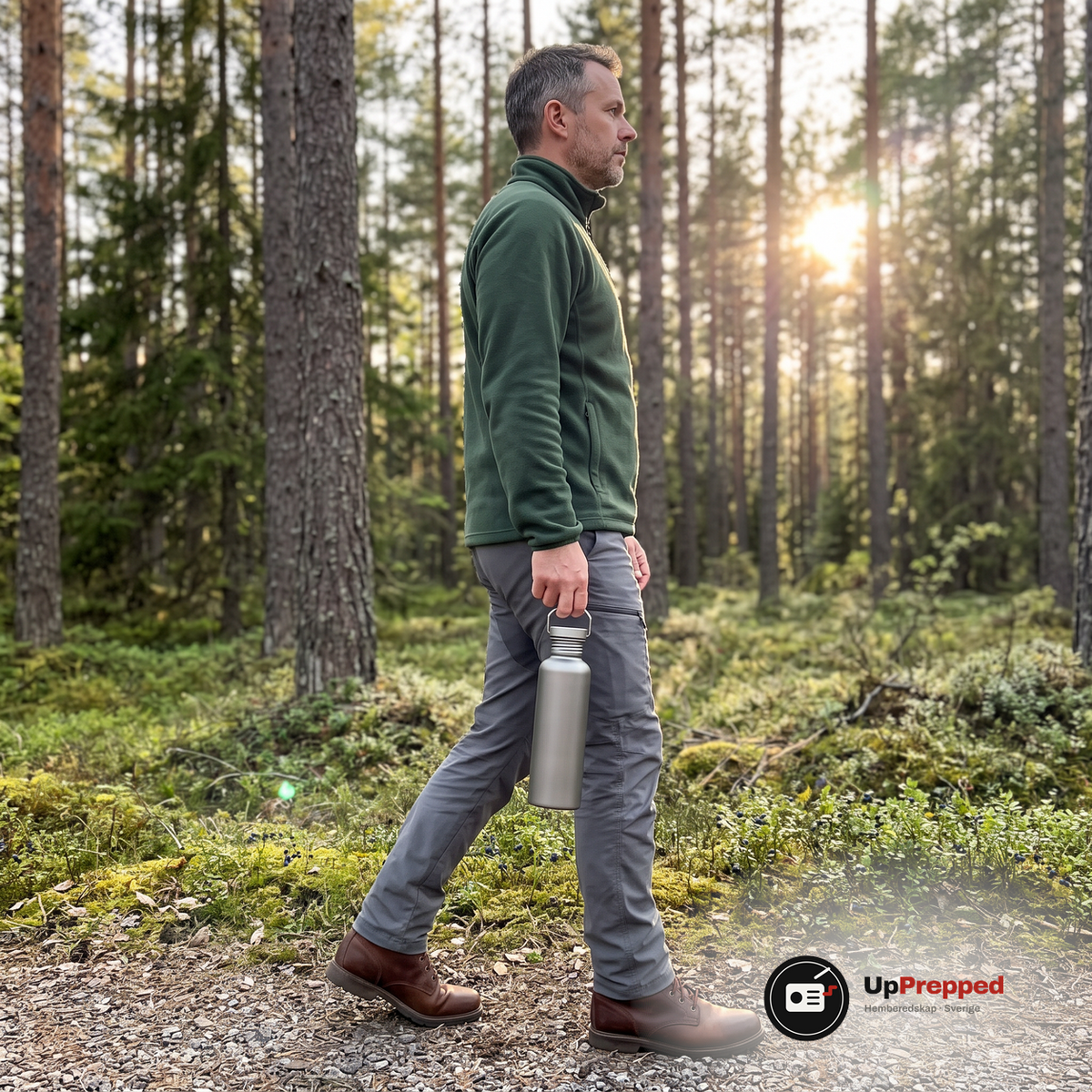 Man går på en grusstig i tallskog med en titanflaska hängande i bäröglan i handen