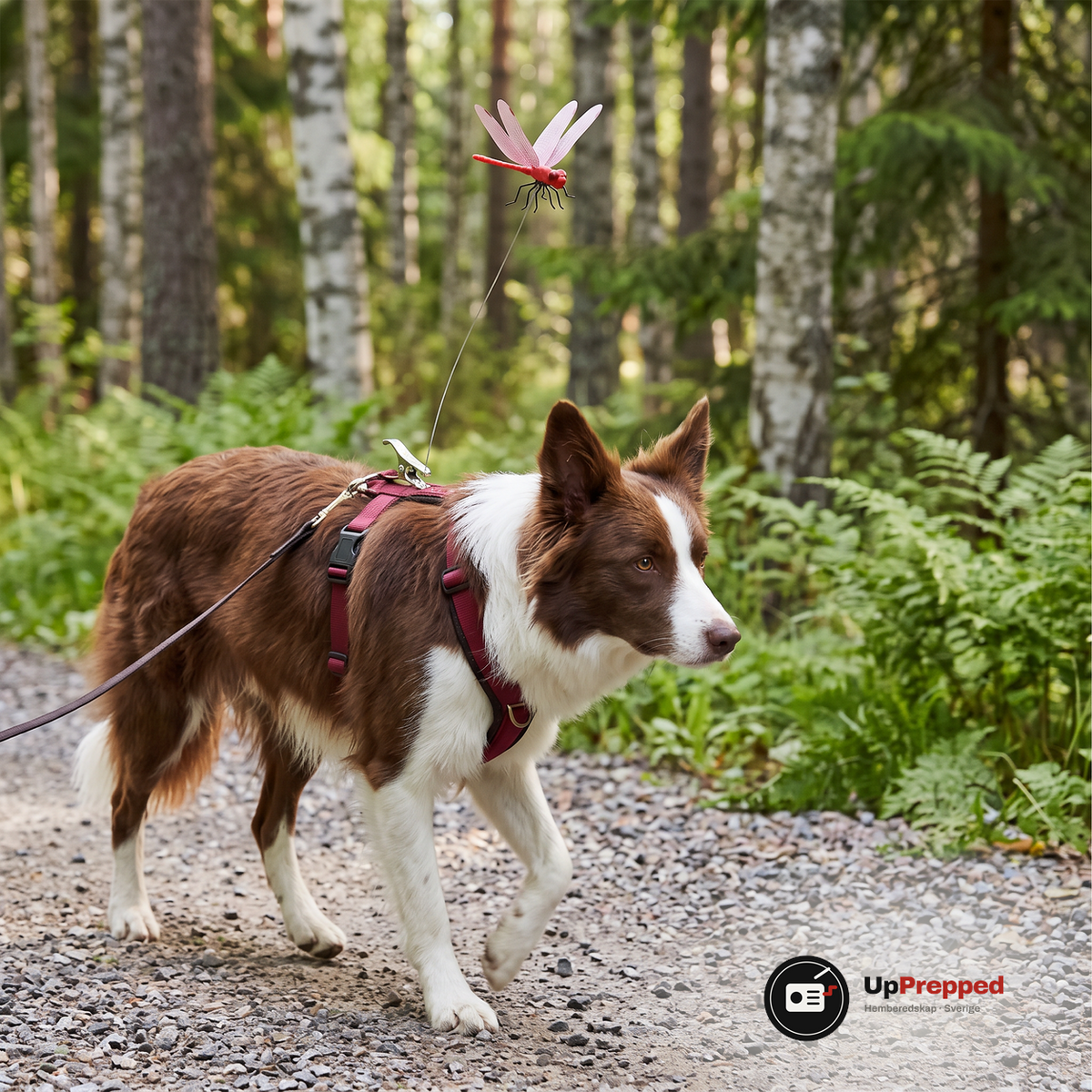 Brun och vit hund i mörkröd sele går på en grusväg i skogen med en röd trollslända på tråd fäst vid selens rygg