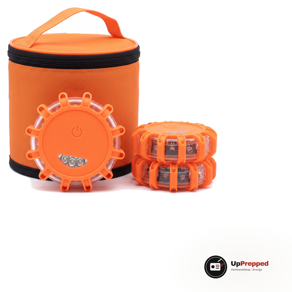 Tre magnetiska LED varningsljus och en orange förvaringsväska, packshot