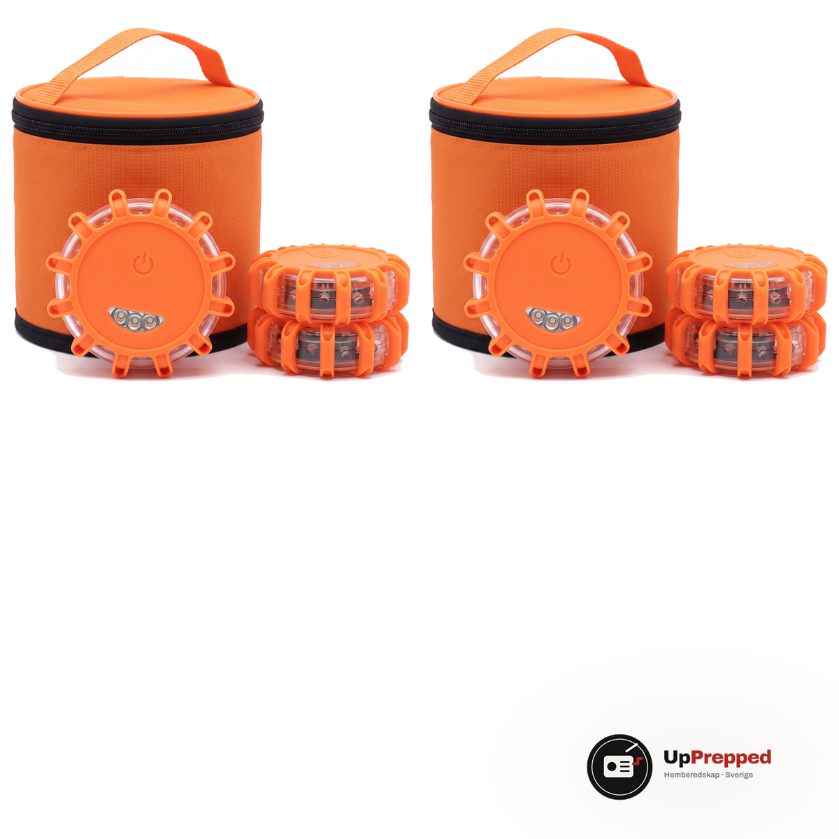 Sex magnetiska LED varningsljus och två orange förvaringsväskor, packshot
