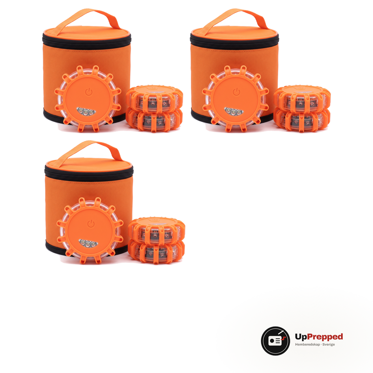 Nio magnetiska LED varningsljus och tre orange förvaringsväskor, packshot