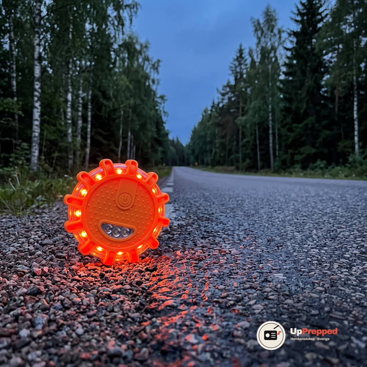 Orange varningsljus med lysande röd-orange lysdioder på grusaxeln vid en svensk landsväg i skymningen