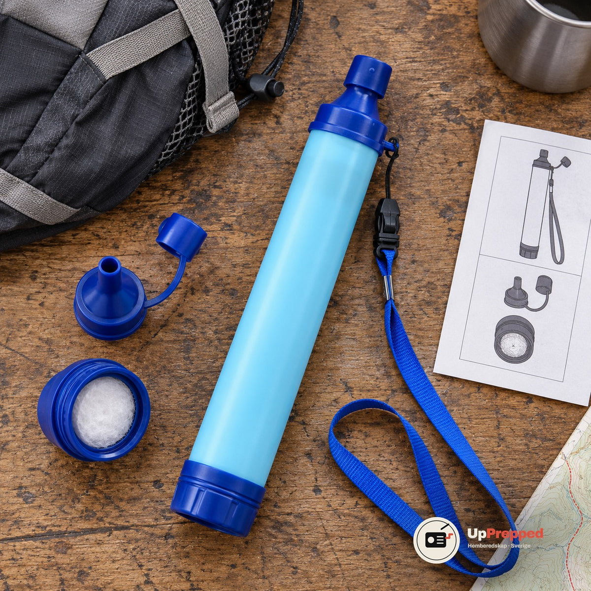 Vattenfilter flatlay med utrustning