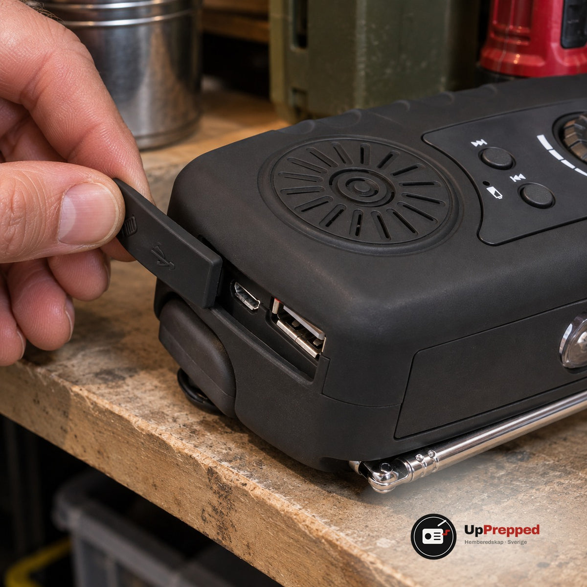 Vevradio 2000 mAh - USB-portar under gummilucka