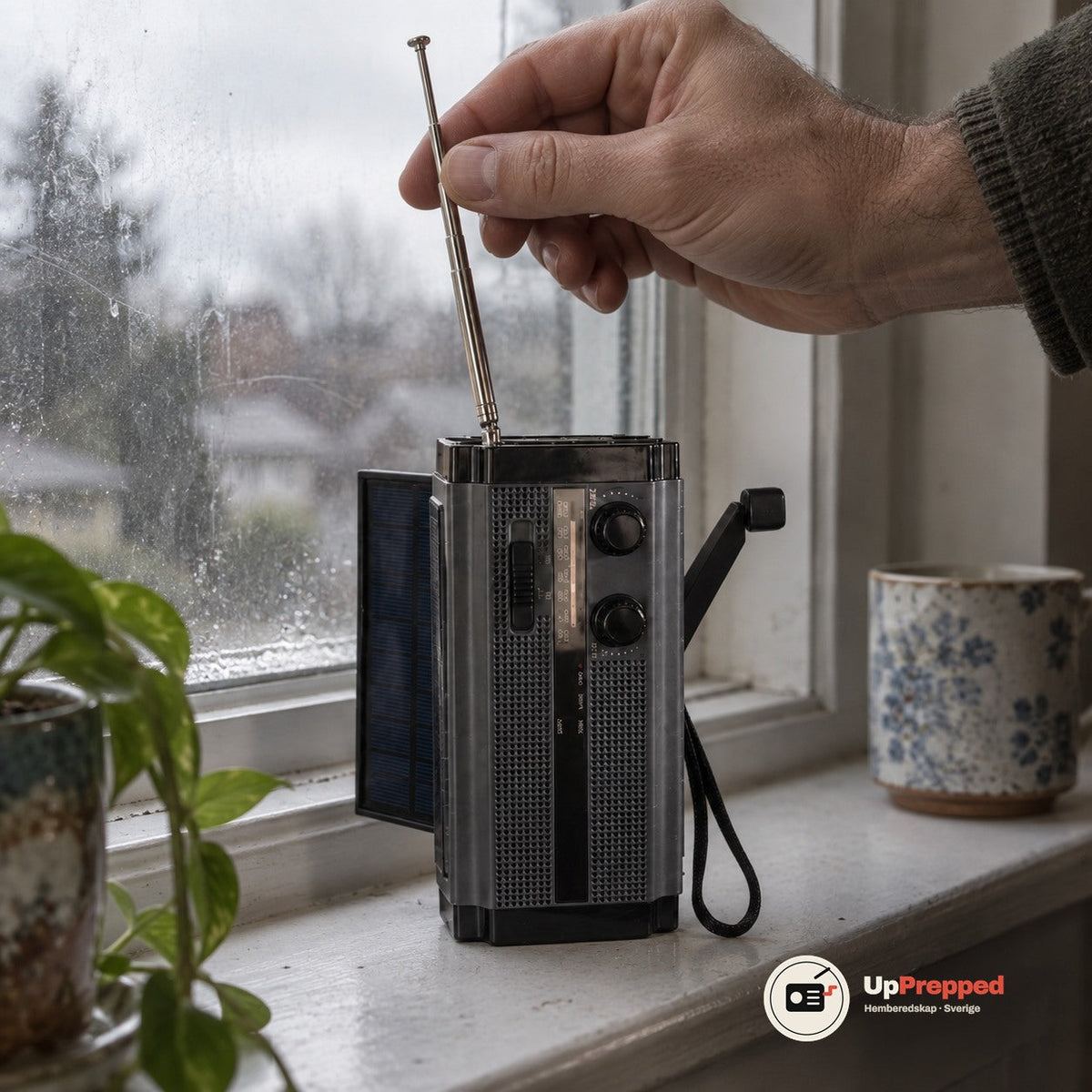 En hand justerar antennen på vevradion vid ett fönster