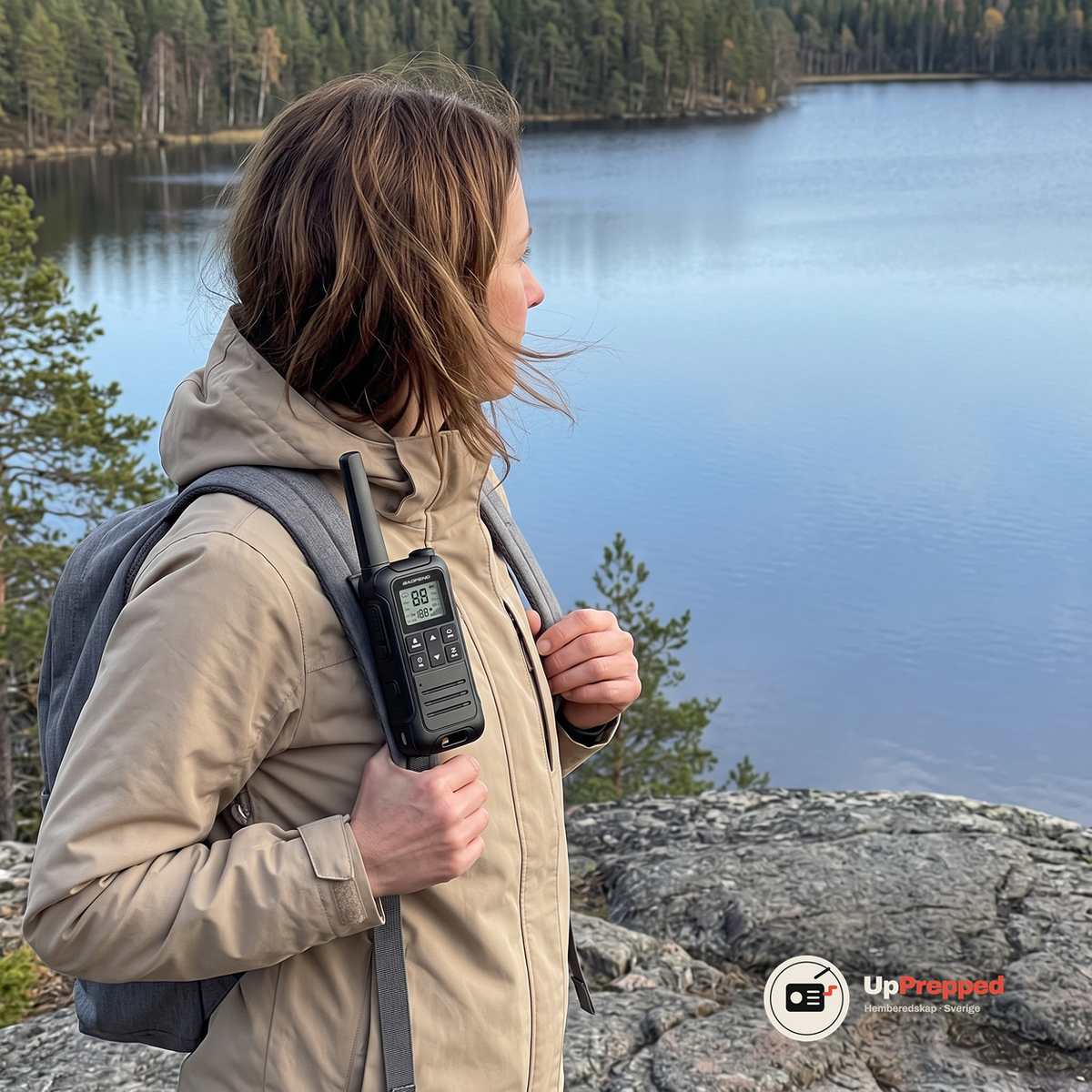 Kvinna med ryggsäck vid en sjö med en walkie talkie fäst på axelremmen